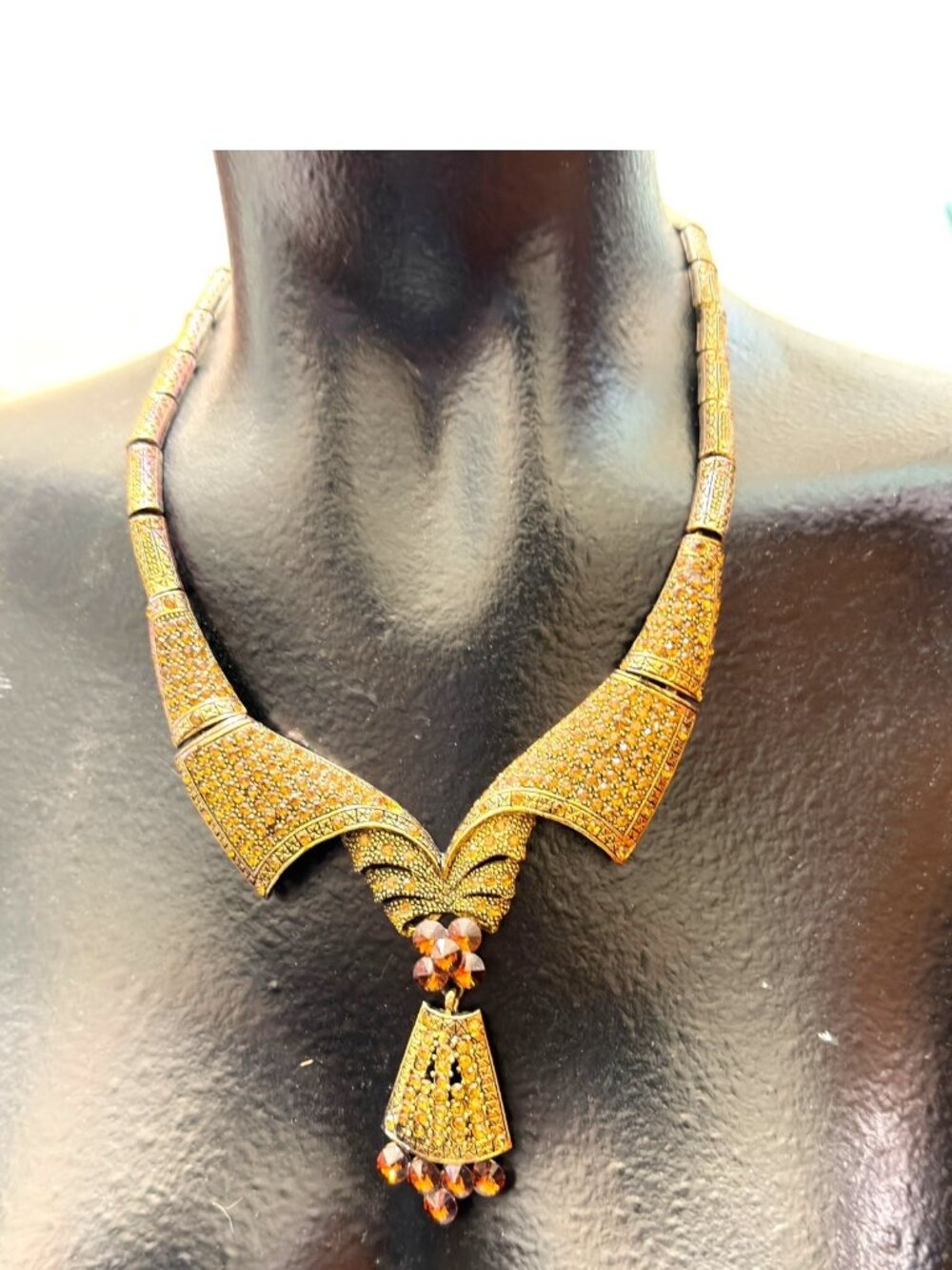 Vintage Gold-Tone Ornate Necklace With Amber Crystal Pendant & Intricate Details - Picture 4 of 11